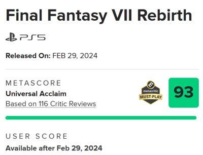 Fantasy Vii Rebirth - Final Fantasy VII Rebirth для PS5 получила 93 балла на Metacritic — у нее самая высокая оценка в серии со времен Final Fantasy IX - beltion-game.com - На - Для