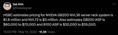 GPU Nvidia Blackwell могут стоить до $35,000, а ИИ-серверы — до $3 миллионов